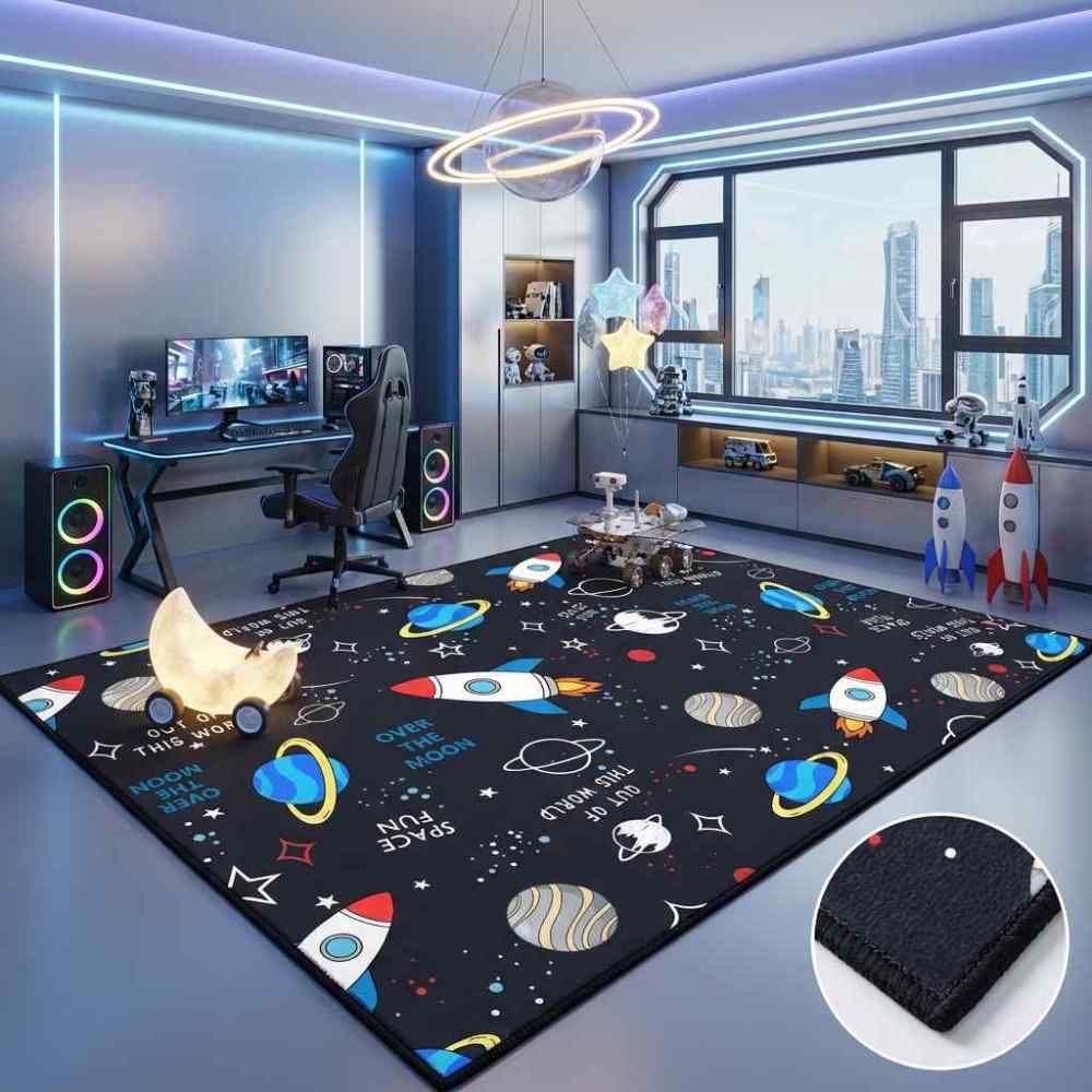Cartoon Rocket Space Fun Nursery Area Rug for Toddler Boys | CozyLil