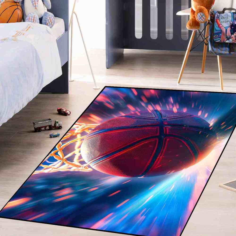 Blue Orange Energy Basketball Printed Area Rug for Boys Room | CozyLil