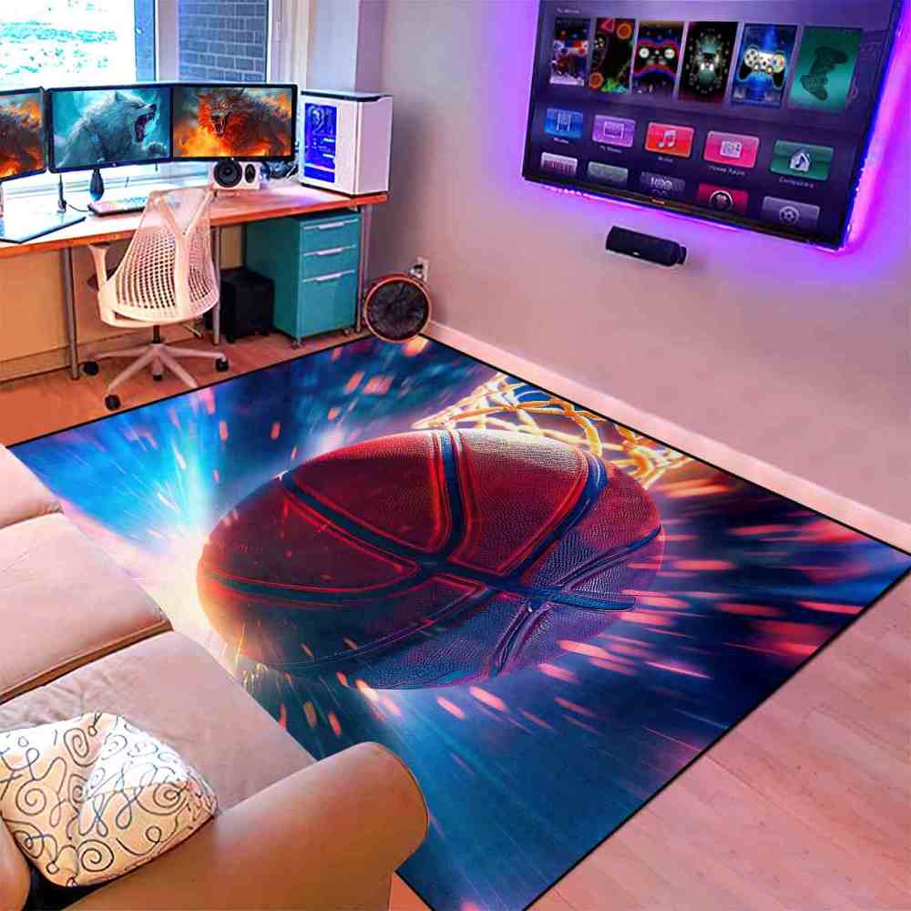 Blue Orange Energy Basketball Printed Area Rug for Boys Room | CozyLil