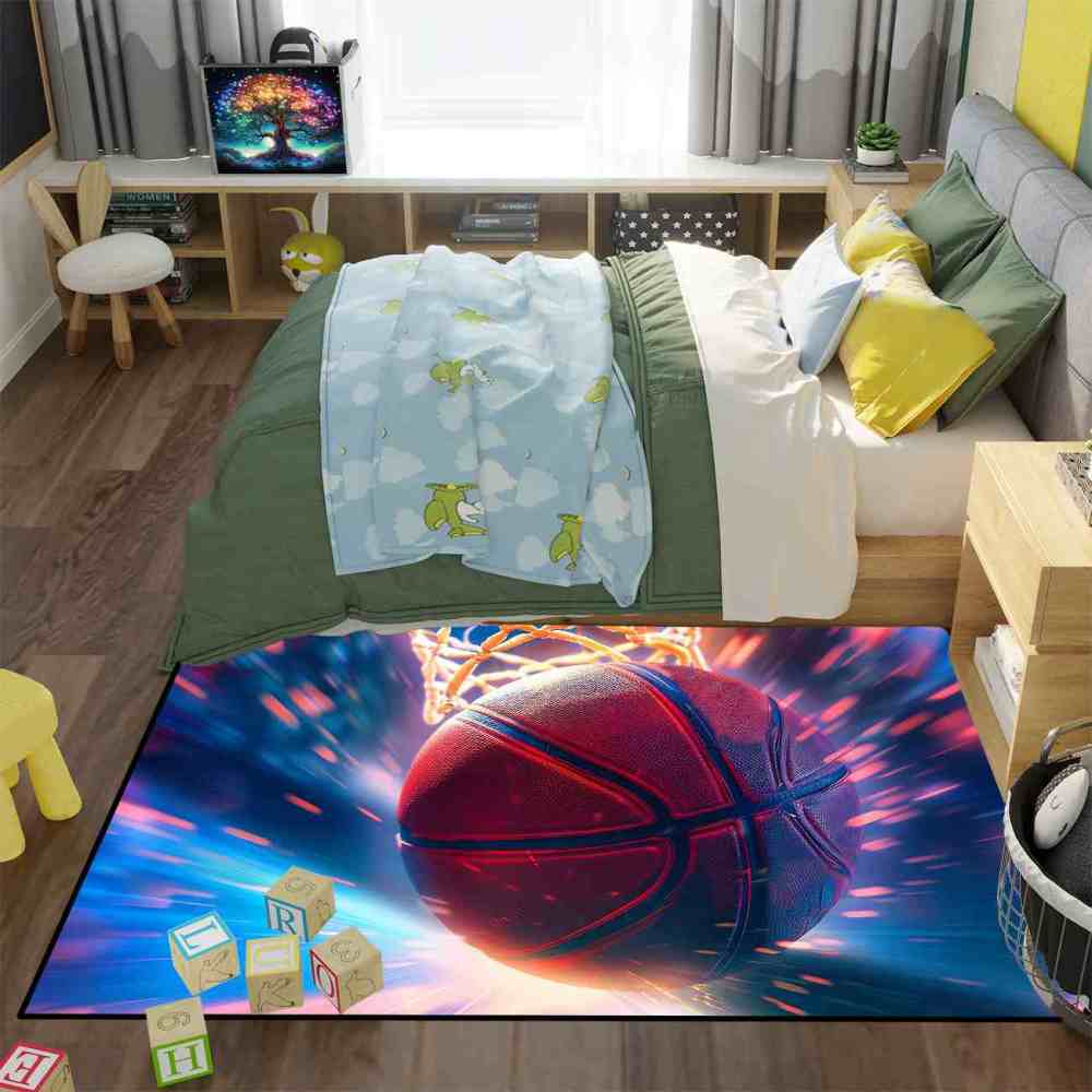 Blue Orange Energy Basketball Printed Area Rug for Boys Room | CozyLil
