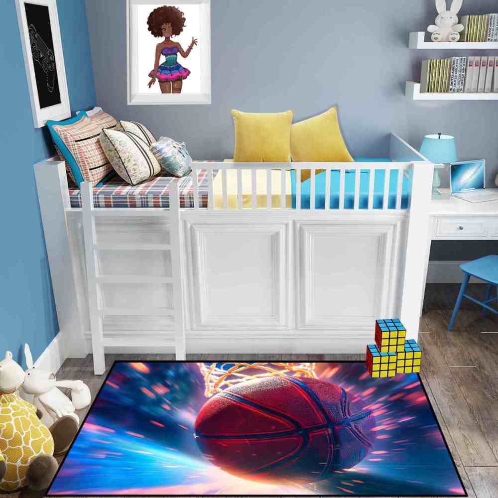 Blue Orange Energy Basketball Printed Area Rug for Boys Room | CozyLil