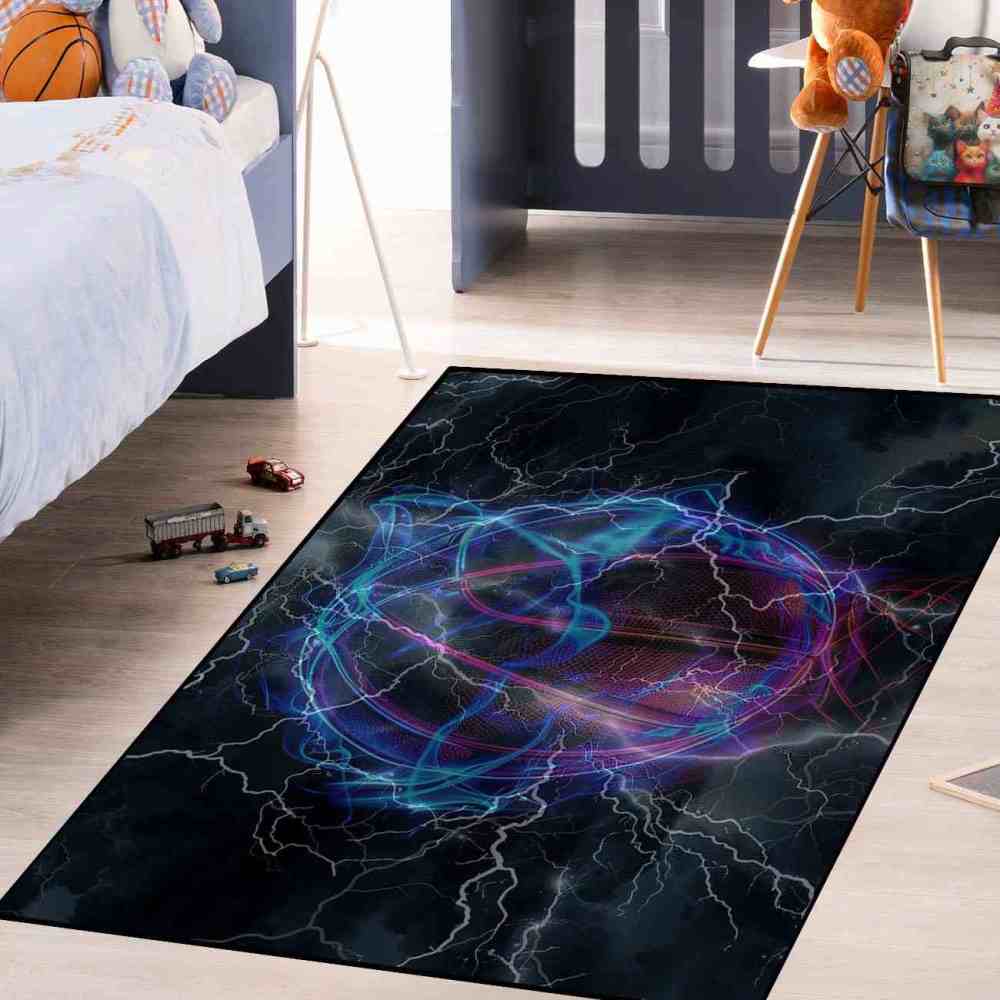 Digital Lightning Basketball Printed Area Rug Boys Room Playroom | CozyLil