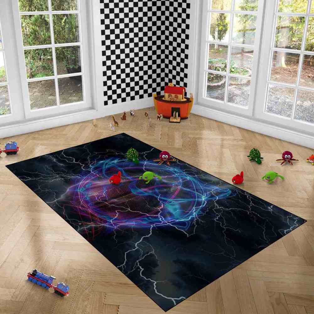 Digital Lightning Basketball Printed Area Rug Boys Room Playroom | CozyLil