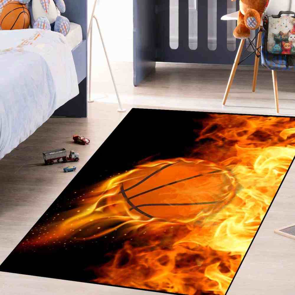 Shooting Fireball Basketball Printed Area Rug Boys Room Playroom | CozyLil