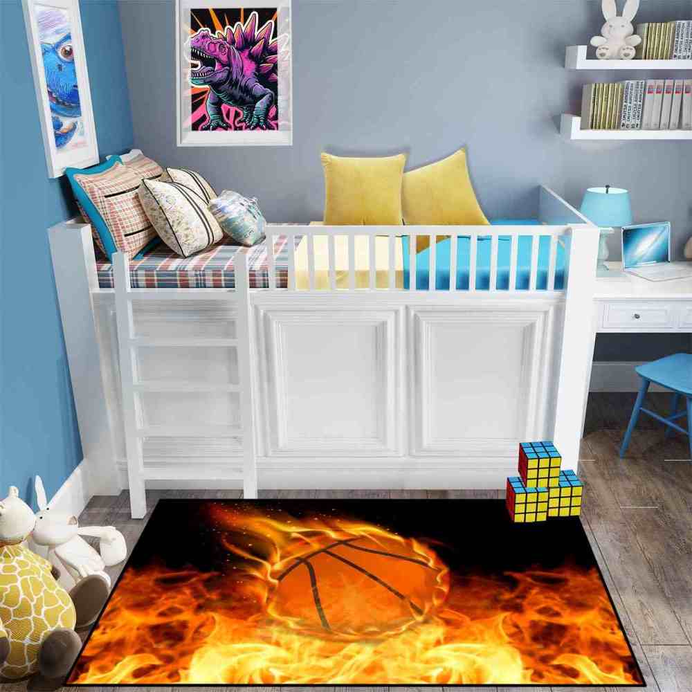 Shooting Fireball Basketball Printed Area Rug Boys Room Playroom | CozyLil