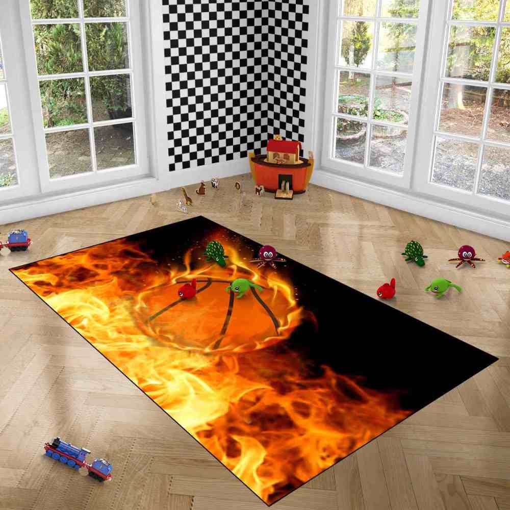 Shooting Fireball Basketball Printed Area Rug Boys Room Playroom | CozyLil