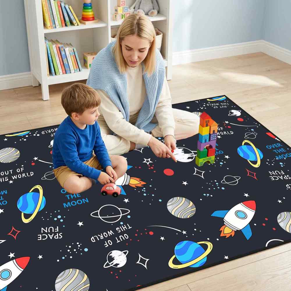Cartoon Rocket Space Fun Nursery Area Rug for Toddler Boys | CozyLil