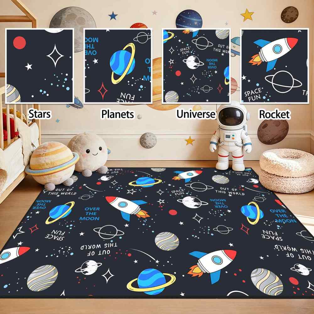 Cartoon Rocket Space Fun Nursery Area Rug for Toddler Boys | CozyLil