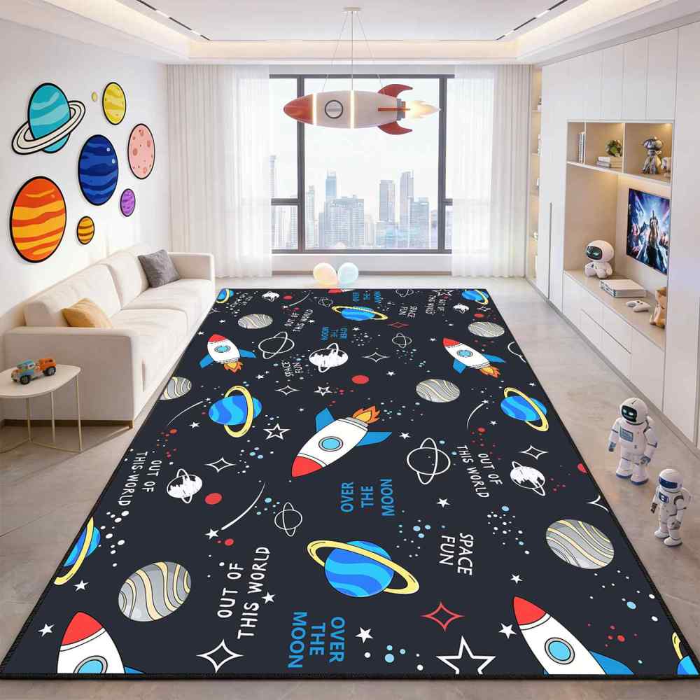 Cartoon Rocket Space Fun Nursery Area Rug for Toddler Boys | CozyLil