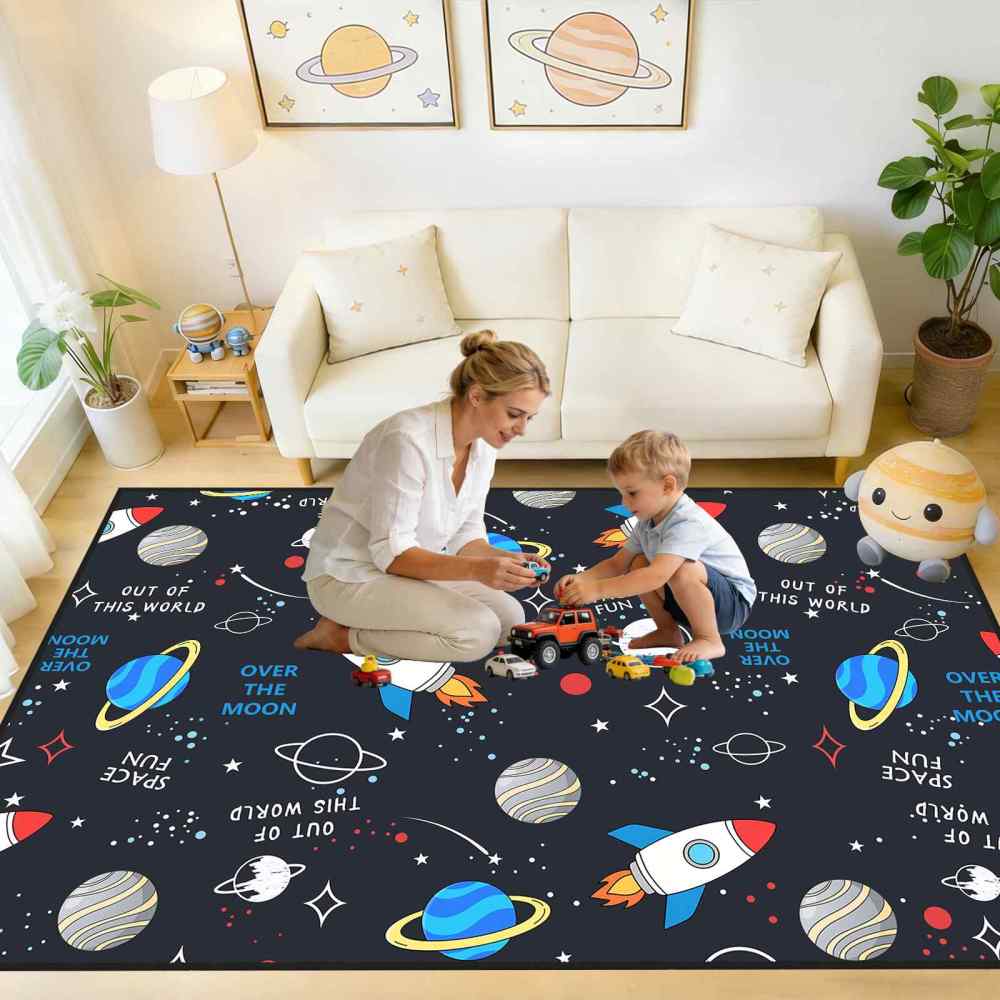 Cartoon Rocket Space Fun Nursery Area Rug for Toddler Boys | CozyLil