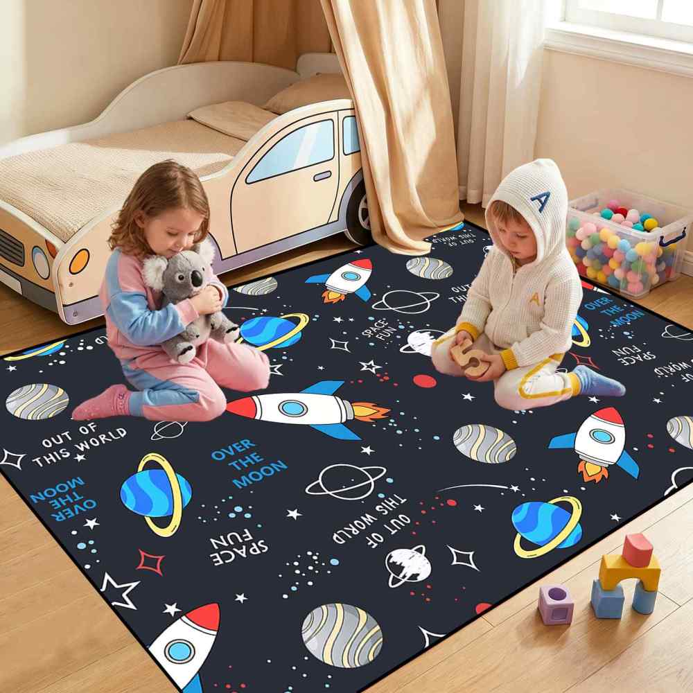 Cartoon Rocket Space Fun Nursery Area Rug for Toddler Boys | CozyLil