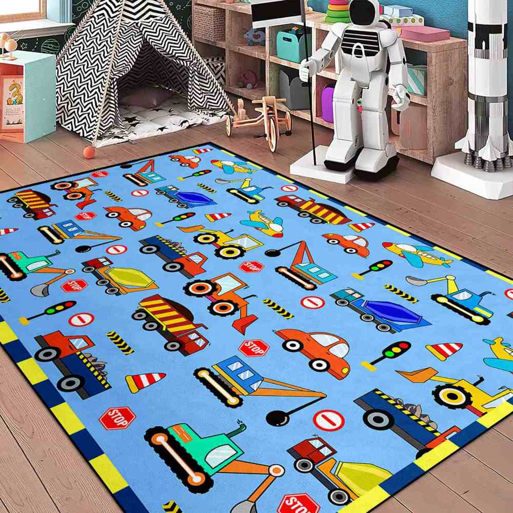 Colorful Cartoon Construction Traffic Kids Area Rug Toddler Nursery | CozyLil