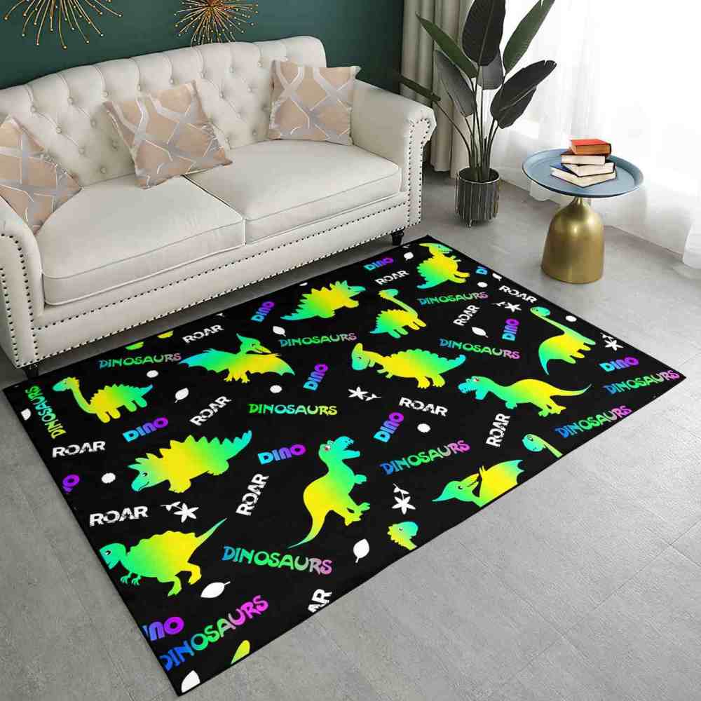 Gradient Silhouette Dinosaur Typographic Boys Playroom Area Rug | CozyLil