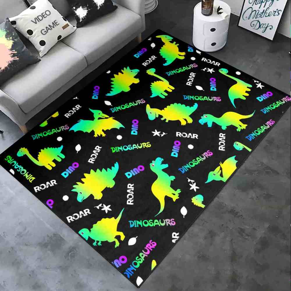 Gradient Silhouette Dinosaur Typographic Boys Playroom Area Rug | CozyLil