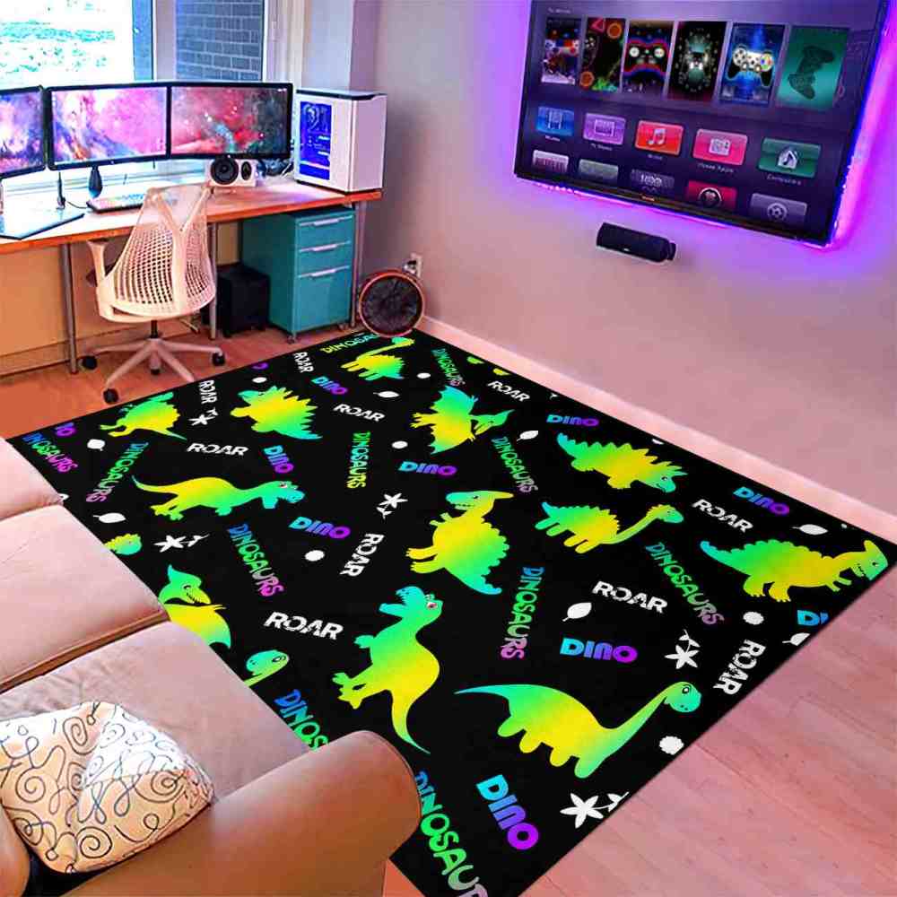 Gradient Silhouette Dinosaur Typographic Boys Playroom Area Rug | CozyLil