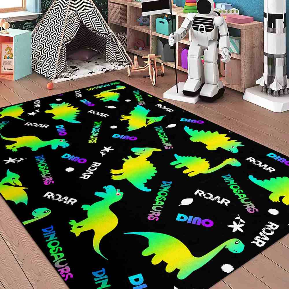 Gradient Silhouette Dinosaur Typographic Boys Playroom Area Rug | CozyLil