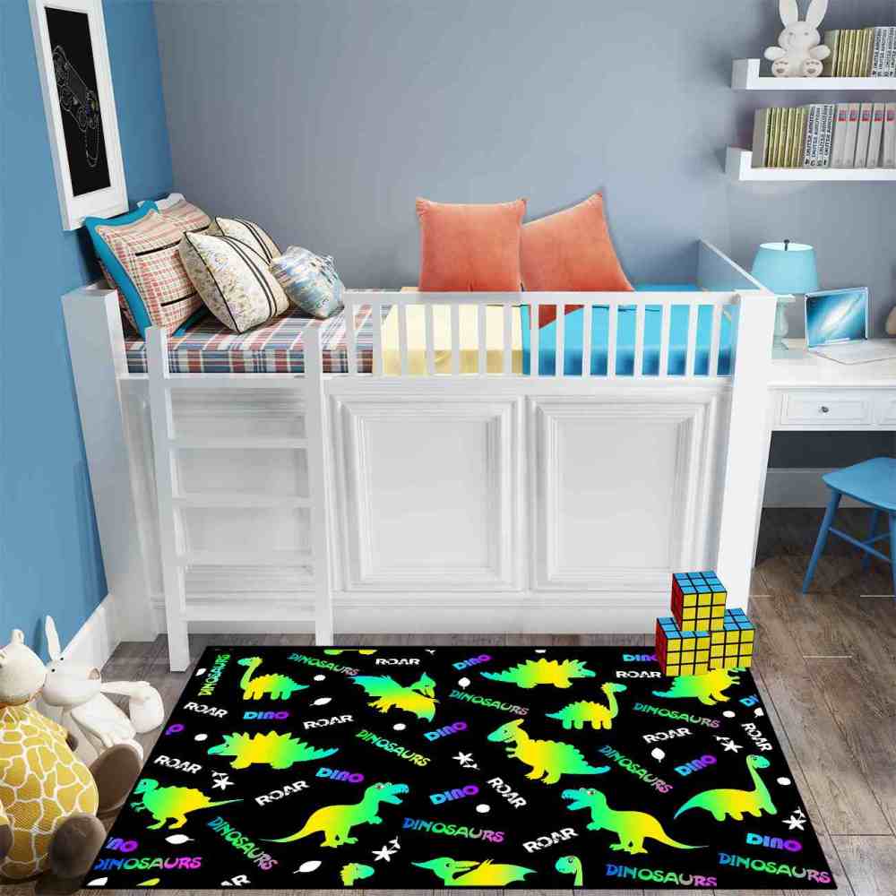 Gradient Silhouette Dinosaur Typographic Boys Playroom Area Rug | CozyLil