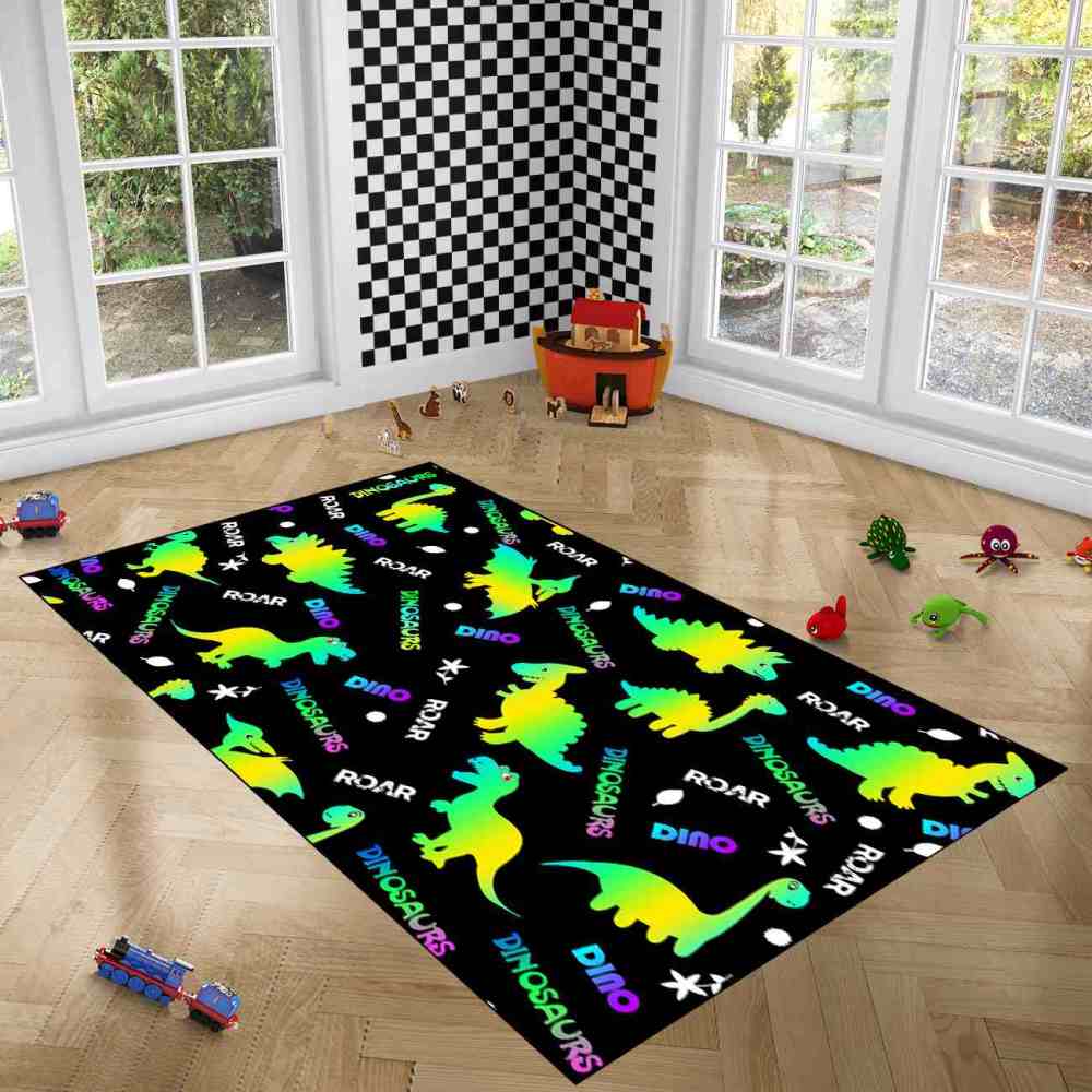 Gradient Silhouette Dinosaur Typographic Boys Playroom Area Rug | CozyLil