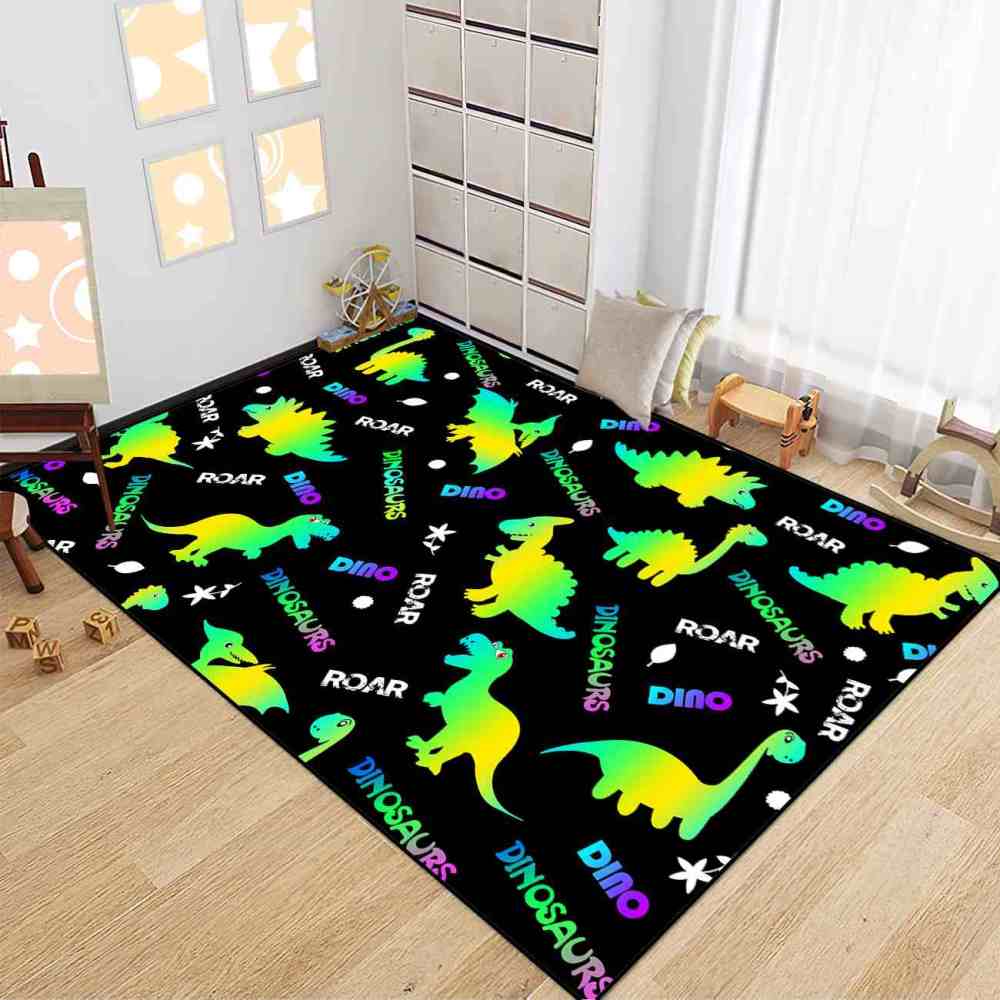 Gradient Silhouette Dinosaur Typographic Boys Playroom Area Rug | CozyLil
