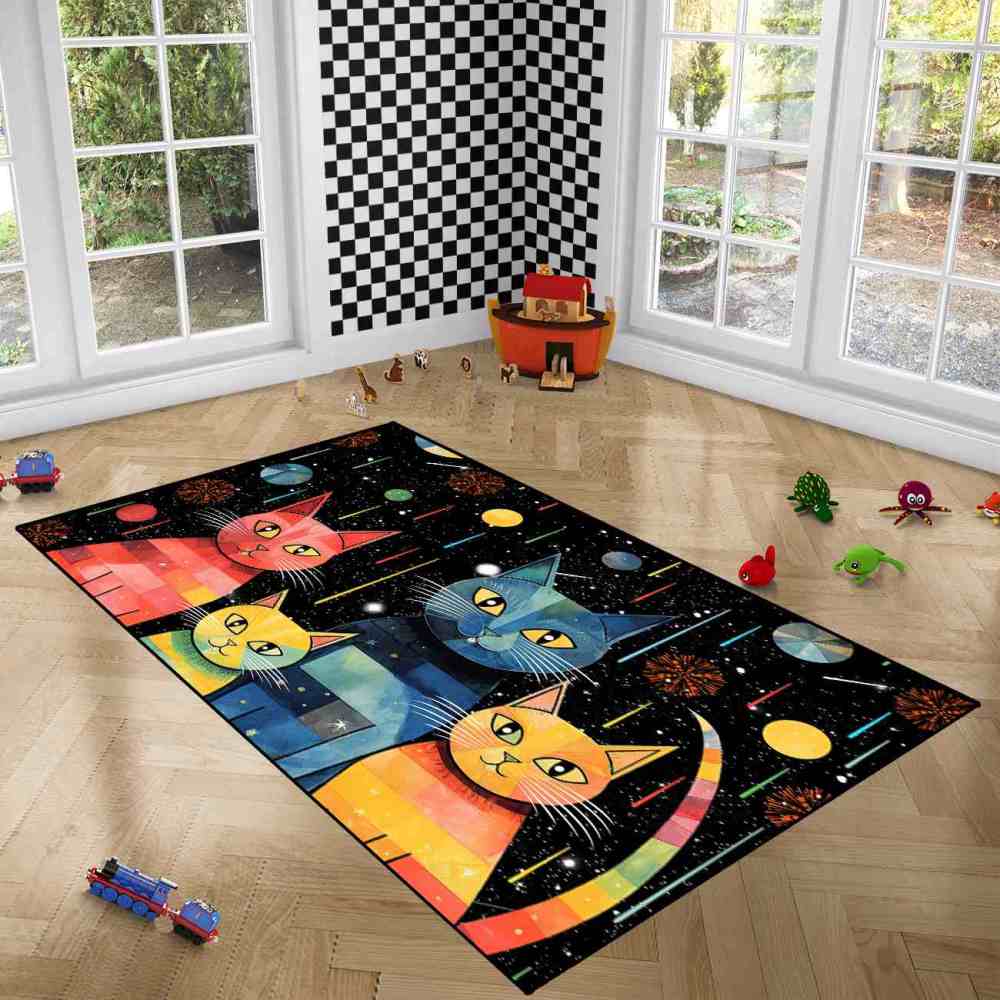 Abstract Galaxy Cats Fireworks Girls Bedroom Rug | CozyLil