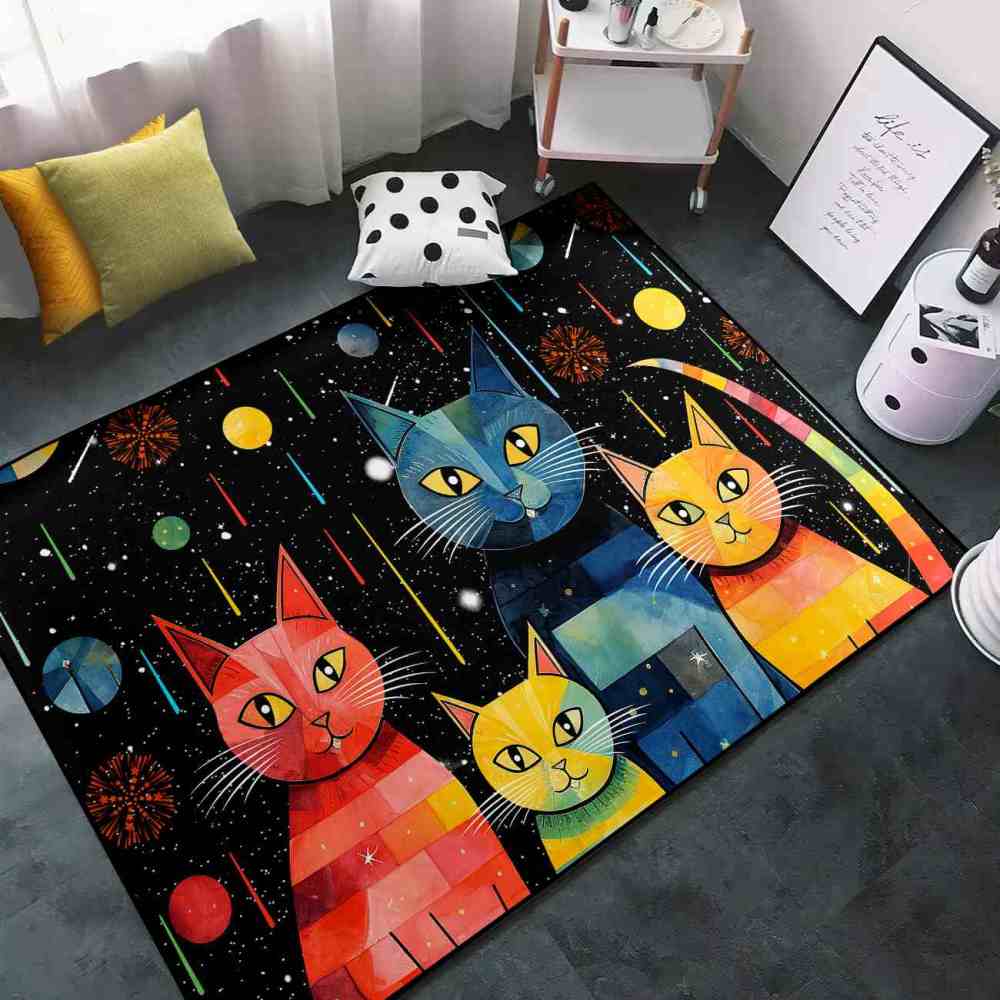 Abstract Galaxy Cats Fireworks Girls Bedroom Rug | CozyLil