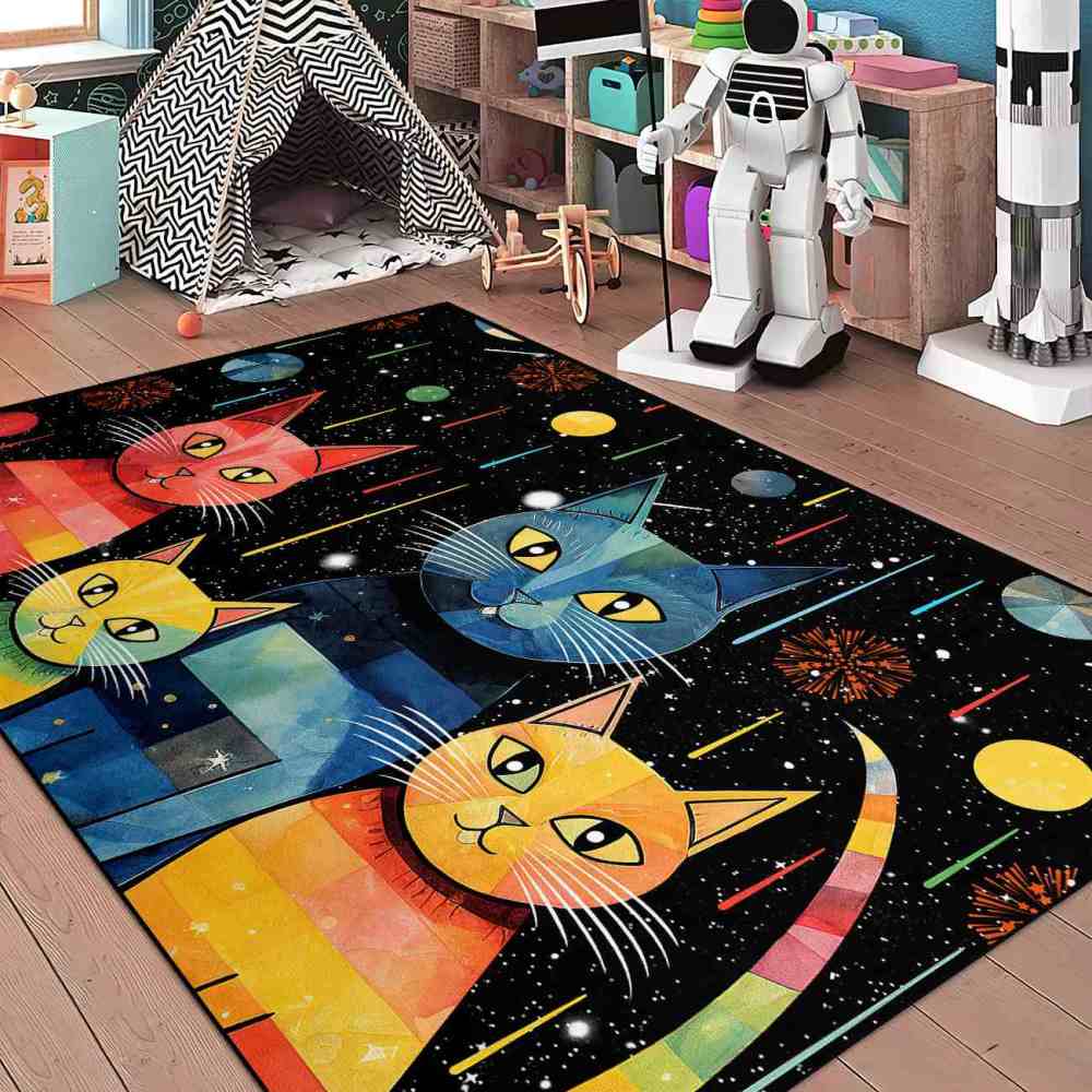 Abstract Galaxy Cats Fireworks Girls Bedroom Rug | CozyLil