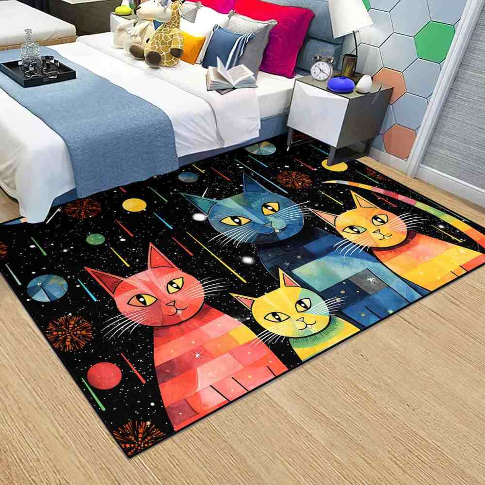 Abstract Galaxy Cats Fireworks Girls Bedroom Rug | CozyLil
