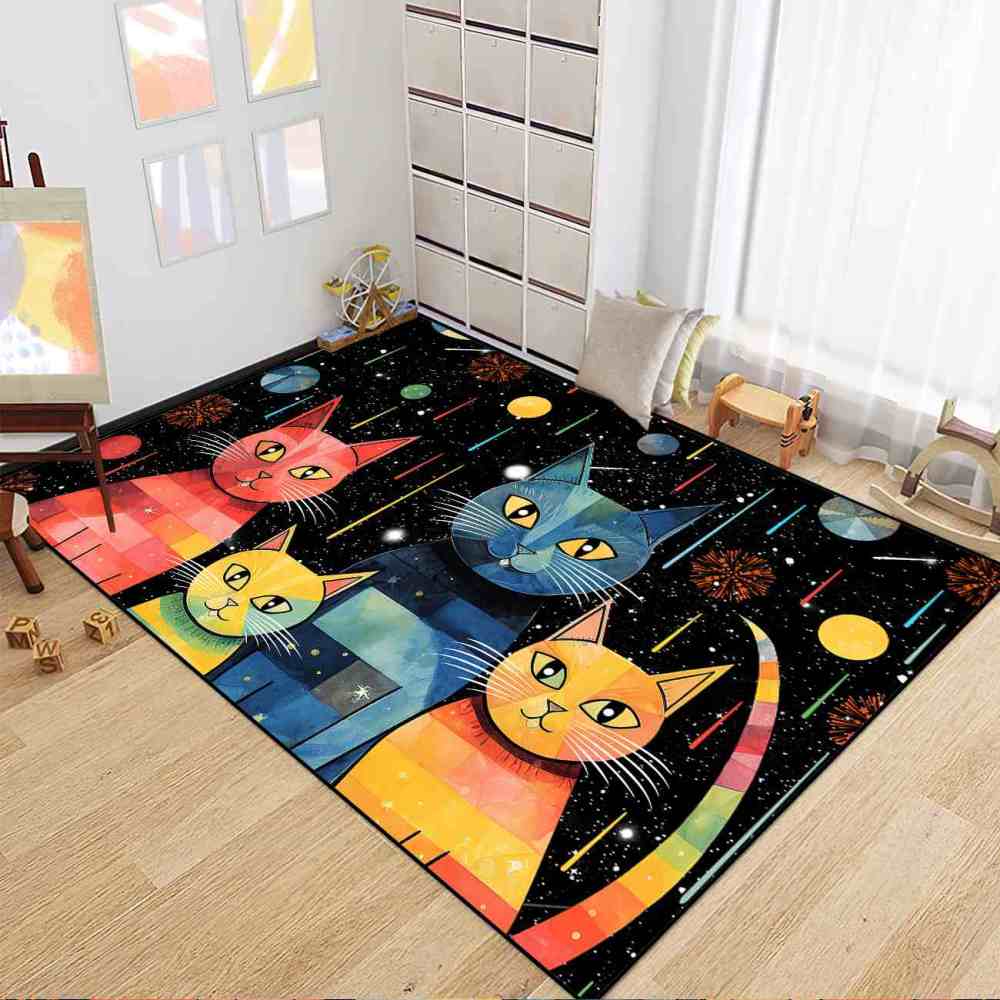 Abstract Galaxy Cats Fireworks Girls Bedroom Rug | CozyLil