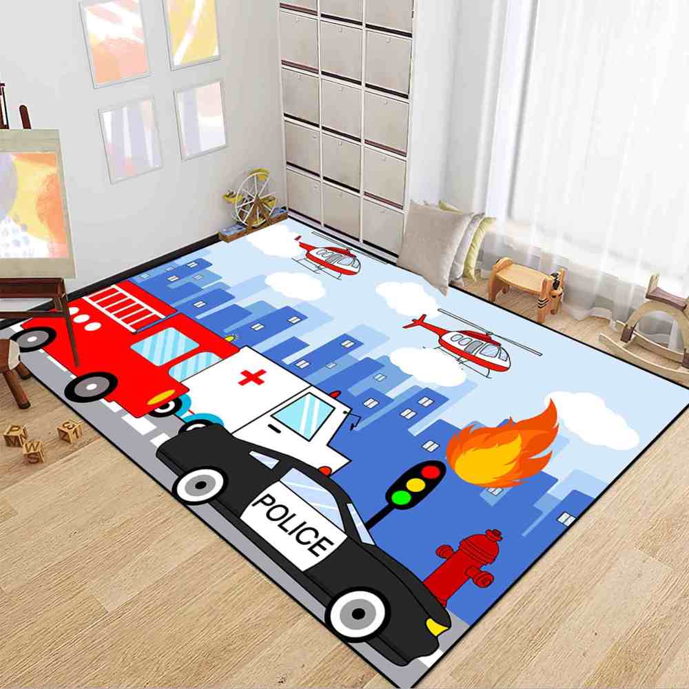 Rescue Vehicles City Traffic Area Rug for Boys Playroom | CozyLil