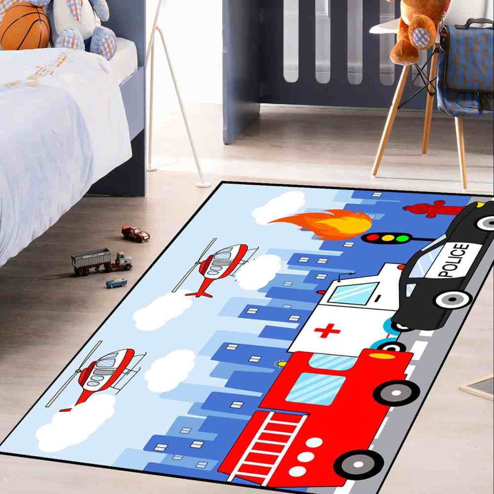 Rescue Vehicles City Traffic Area Rug for Boys Playroom | CozyLil