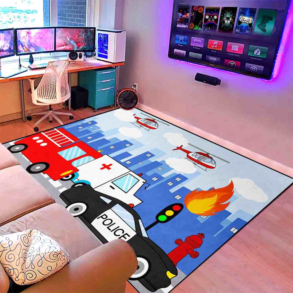 Rescue Vehicles City Traffic Area Rug for Boys Playroom | CozyLil