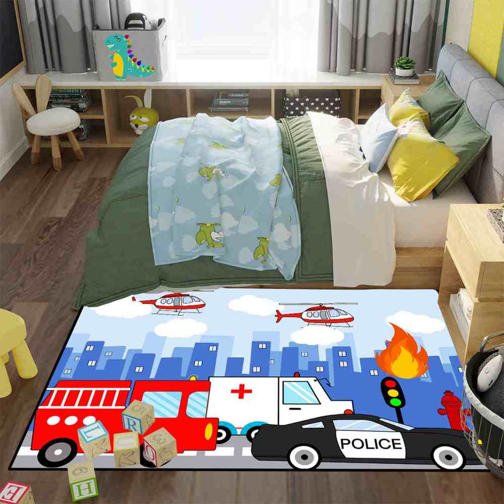 Rescue Vehicles City Traffic Area Rug for Boys Playroom | CozyLil