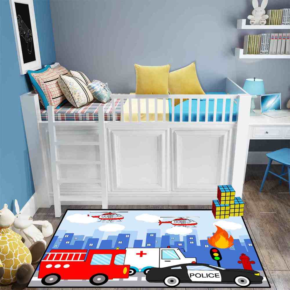 Rescue Vehicles City Traffic Area Rug for Boys Playroom | CozyLil