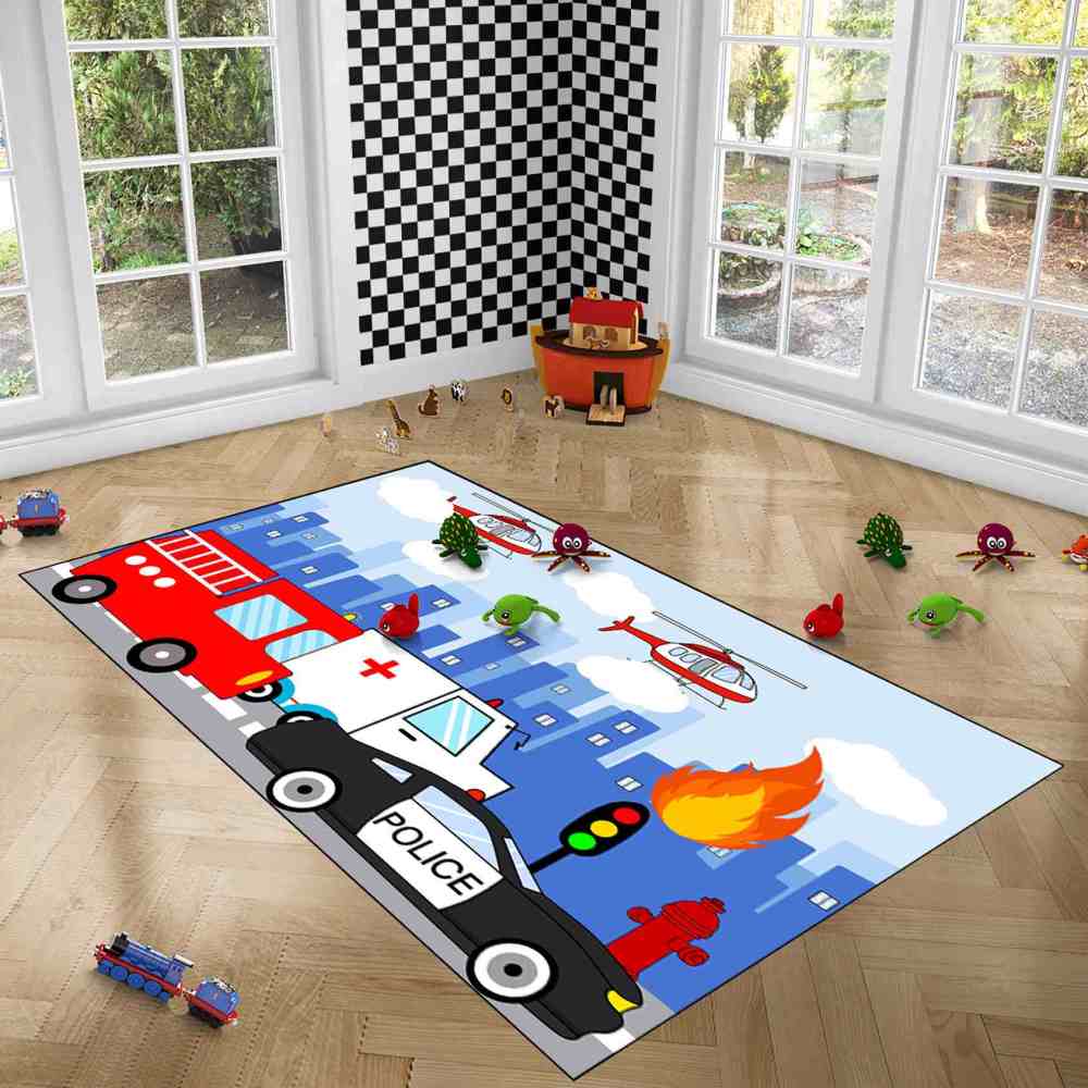 Rescue Vehicles City Traffic Area Rug for Boys Playroom | CozyLil