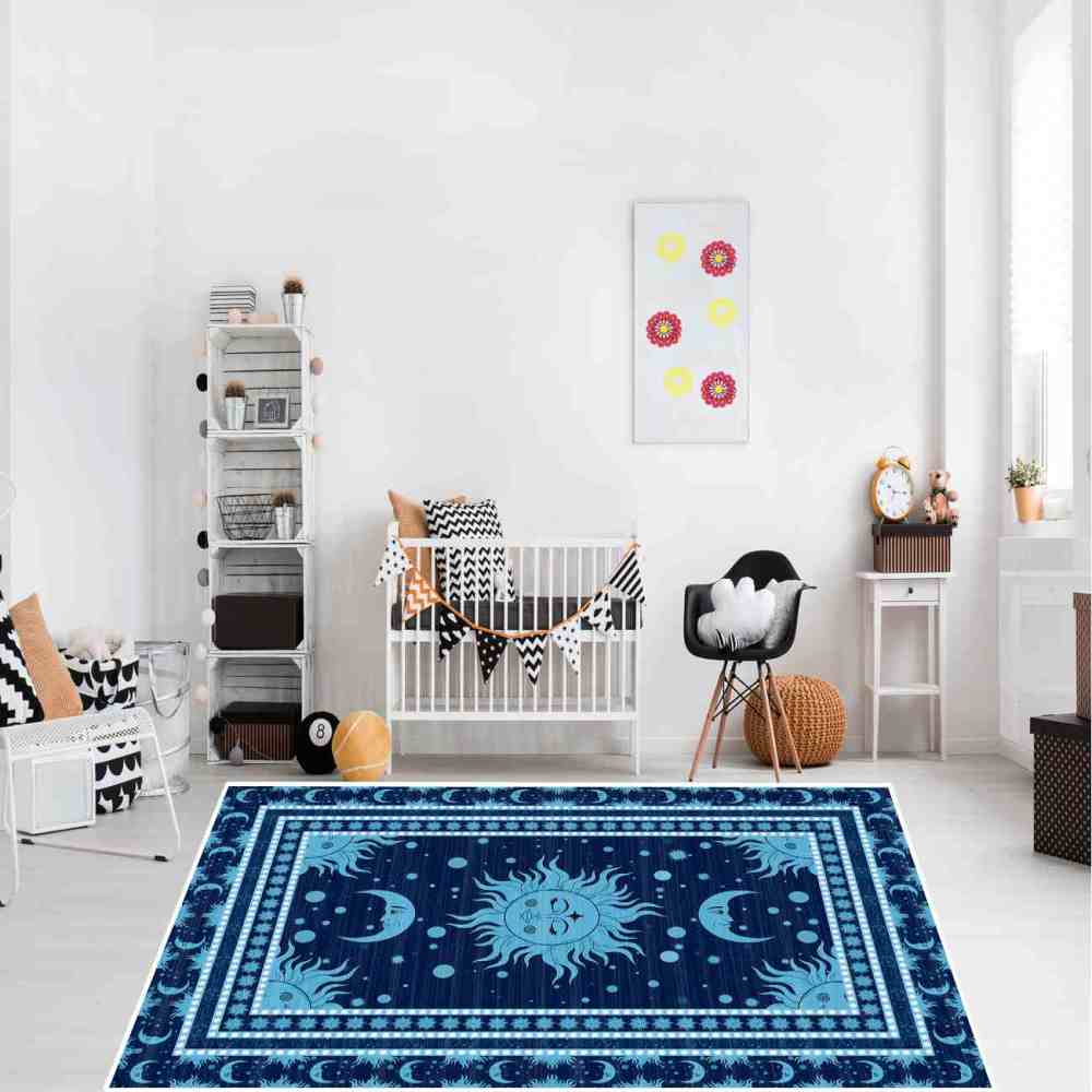 Navy Blue Celestial Sun and Moon Rug for Boys Playroom | CozyLil