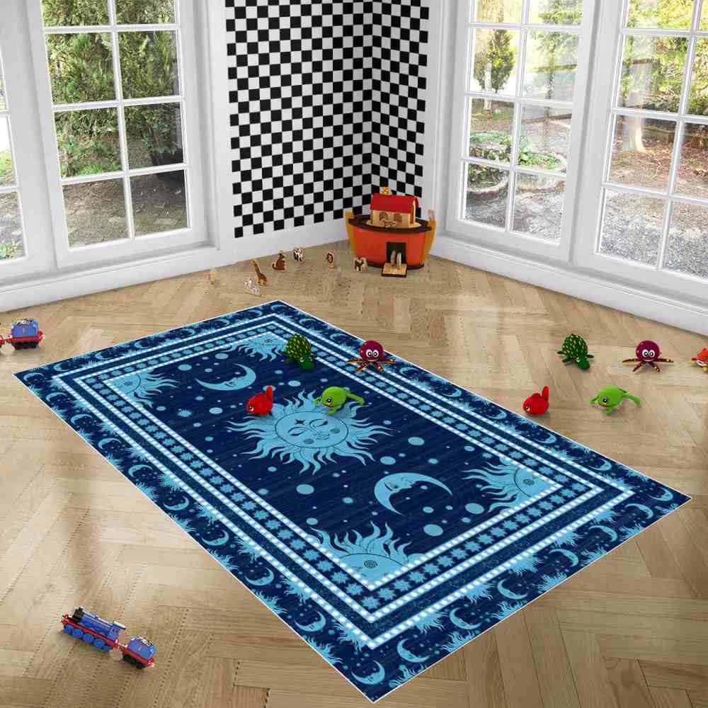 Navy Blue Celestial Sun and Moon Rug for Boys Playroom | CozyLil