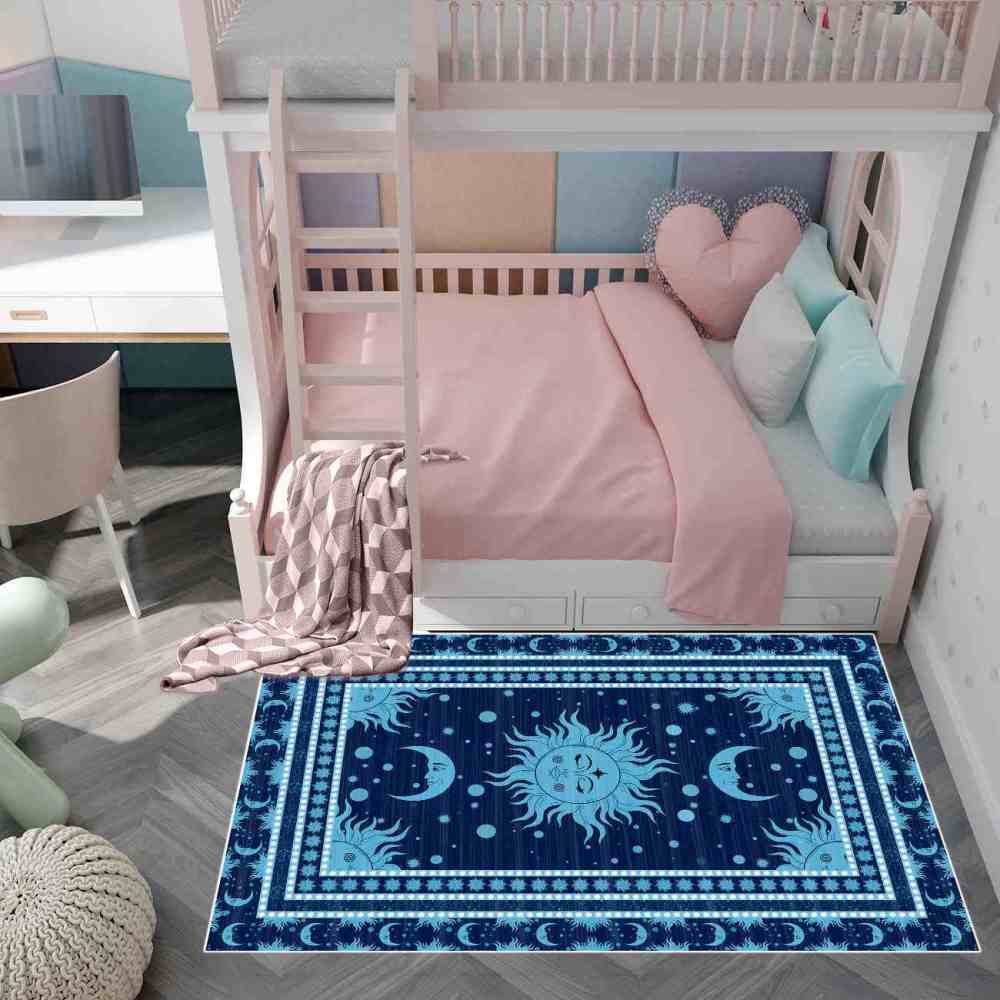Navy Blue Celestial Sun and Moon Rug for Boys Playroom | CozyLil