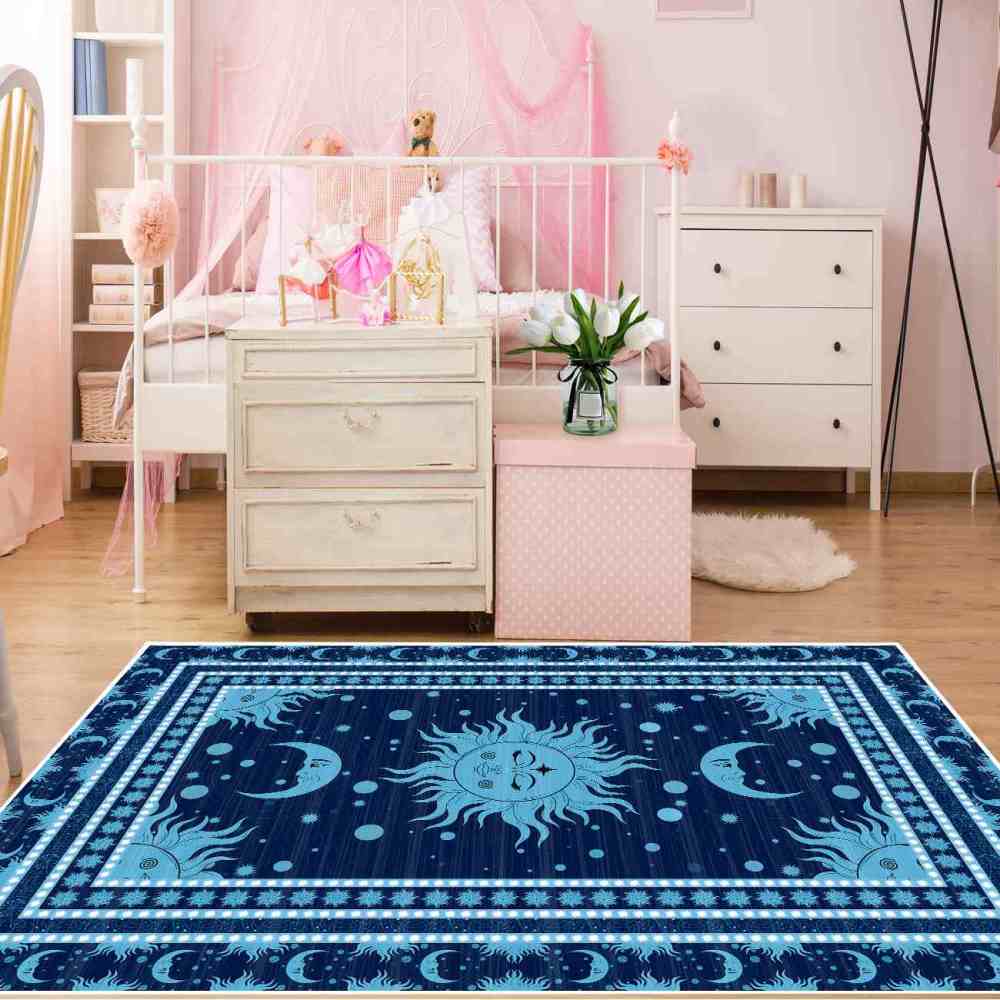 Navy Blue Celestial Sun and Moon Rug for Boys Playroom | CozyLil