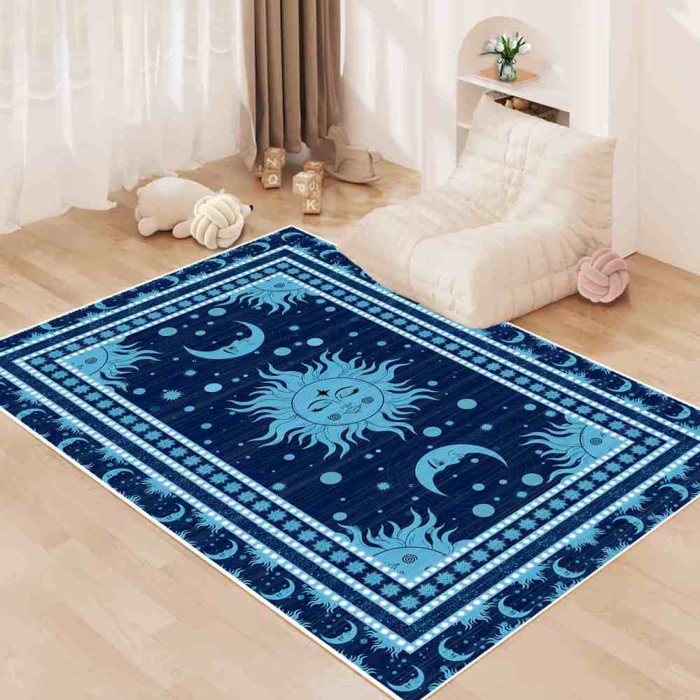 Navy Blue Celestial Sun and Moon Rug for Boys Playroom | CozyLil