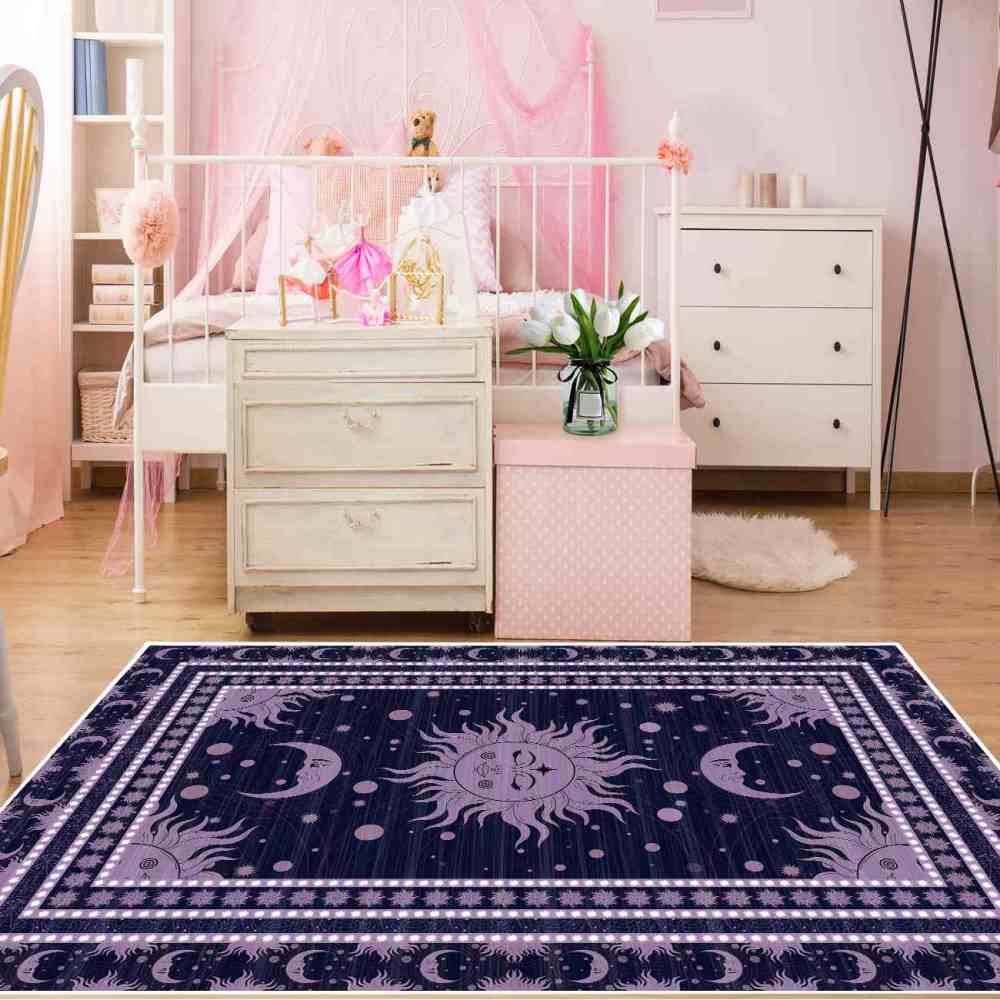 Deep Plum Celestial Sun Moon Area Rug for Girls Bedroom | CozyLil