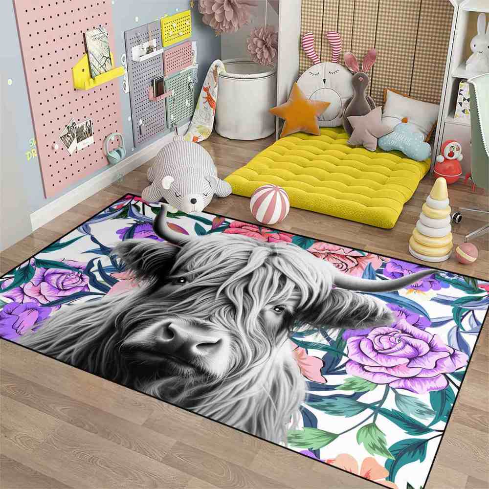 Purple Rose Highland Cow Nursery Area Rug for Girls Bedroom | CozyLil