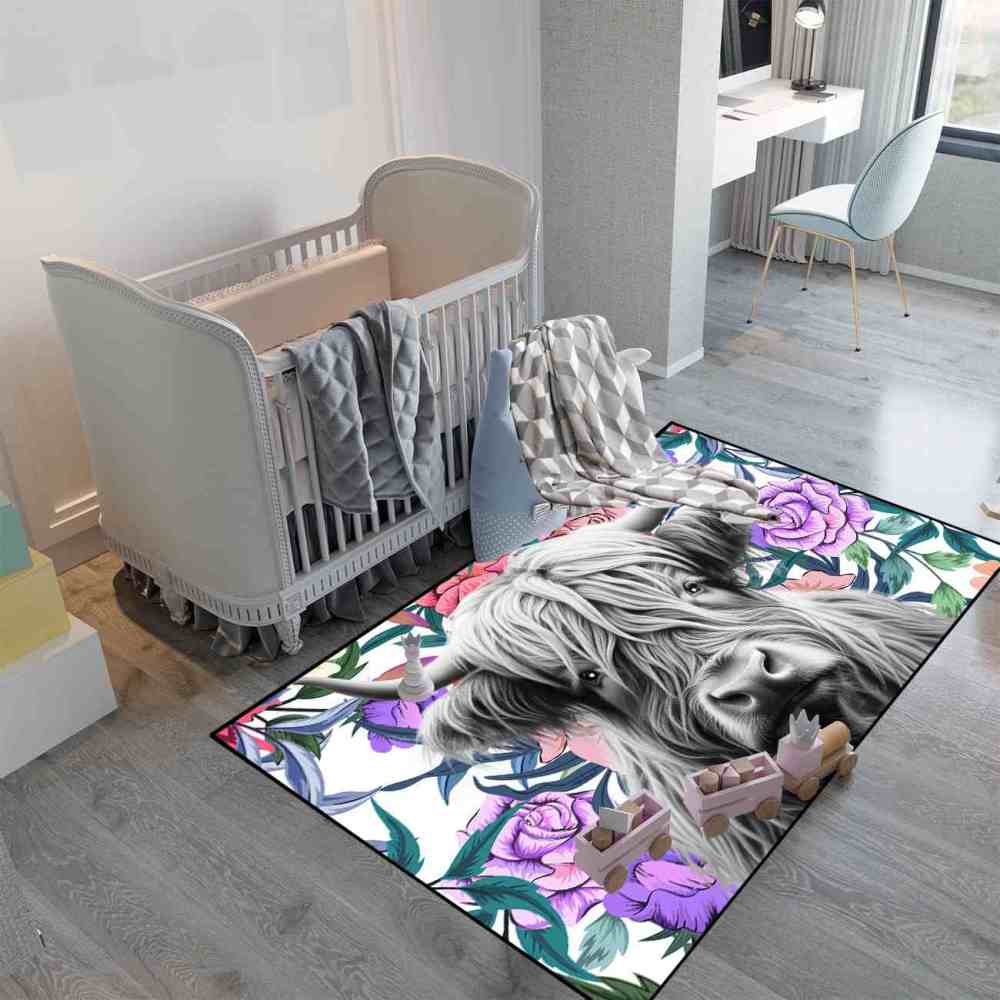 Purple Rose Highland Cow Nursery Area Rug for Girls Bedroom | CozyLil