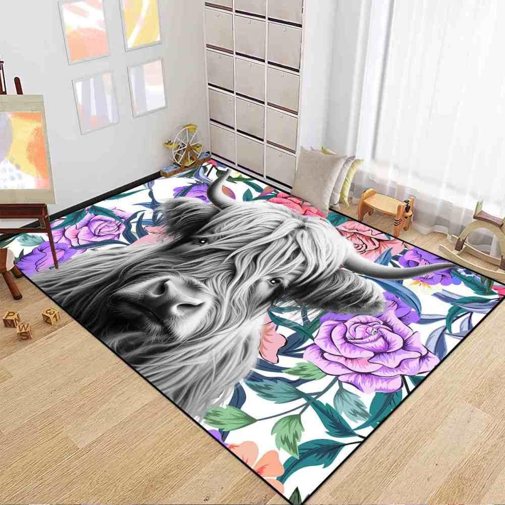Purple Rose Highland Cow Nursery Area Rug for Girls Bedroom | CozyLil