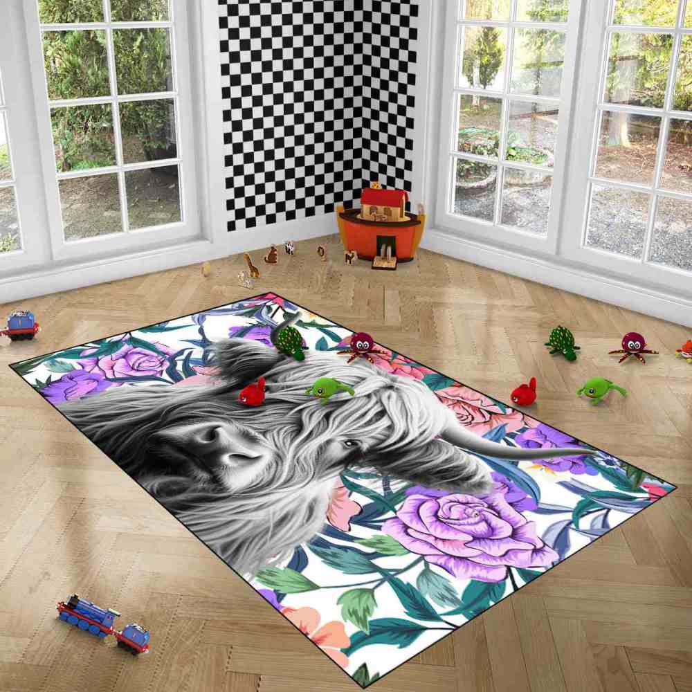 Purple Rose Highland Cow Nursery Area Rug for Girls Bedroom | CozyLil