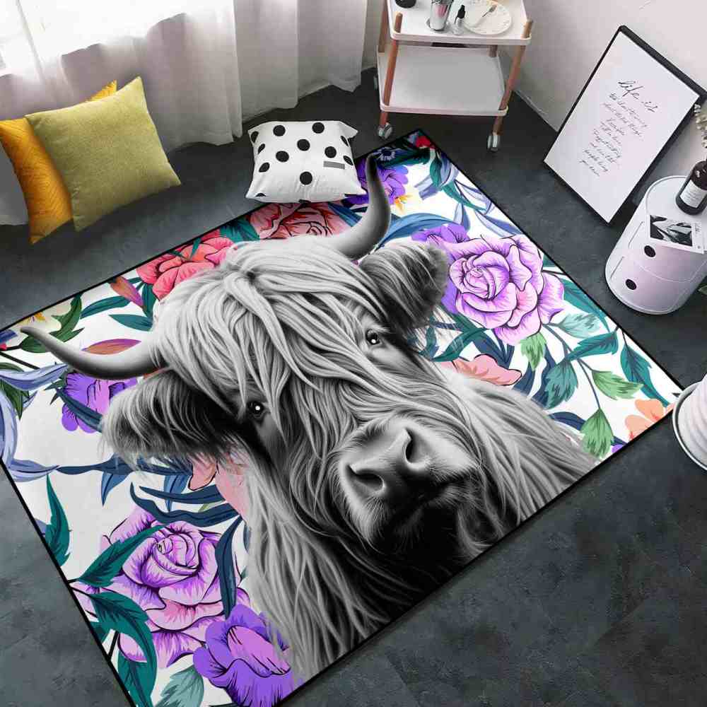 Purple Rose Highland Cow Nursery Area Rug for Girls Bedroom | CozyLil