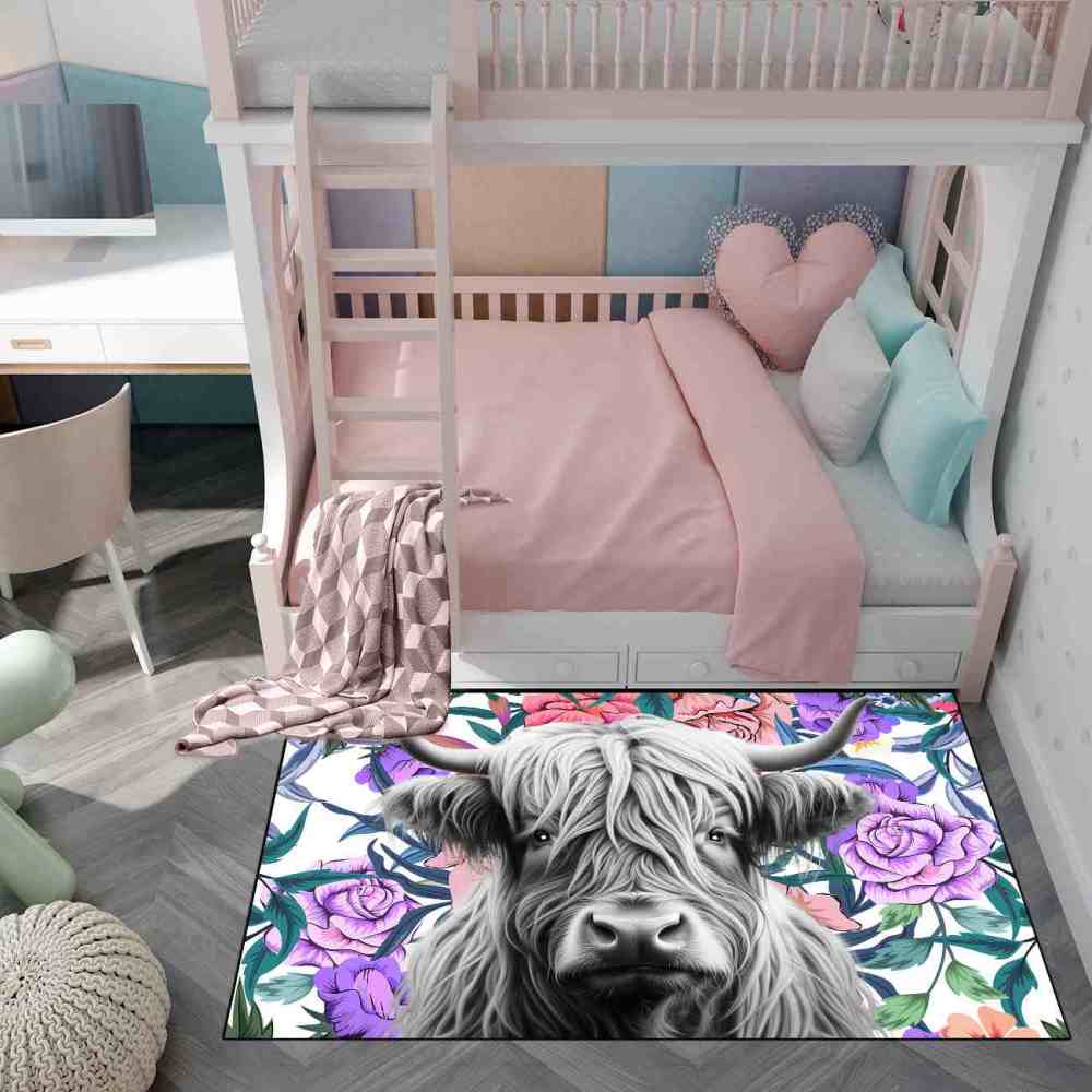Purple Rose Highland Cow Nursery Area Rug for Girls Bedroom | CozyLil