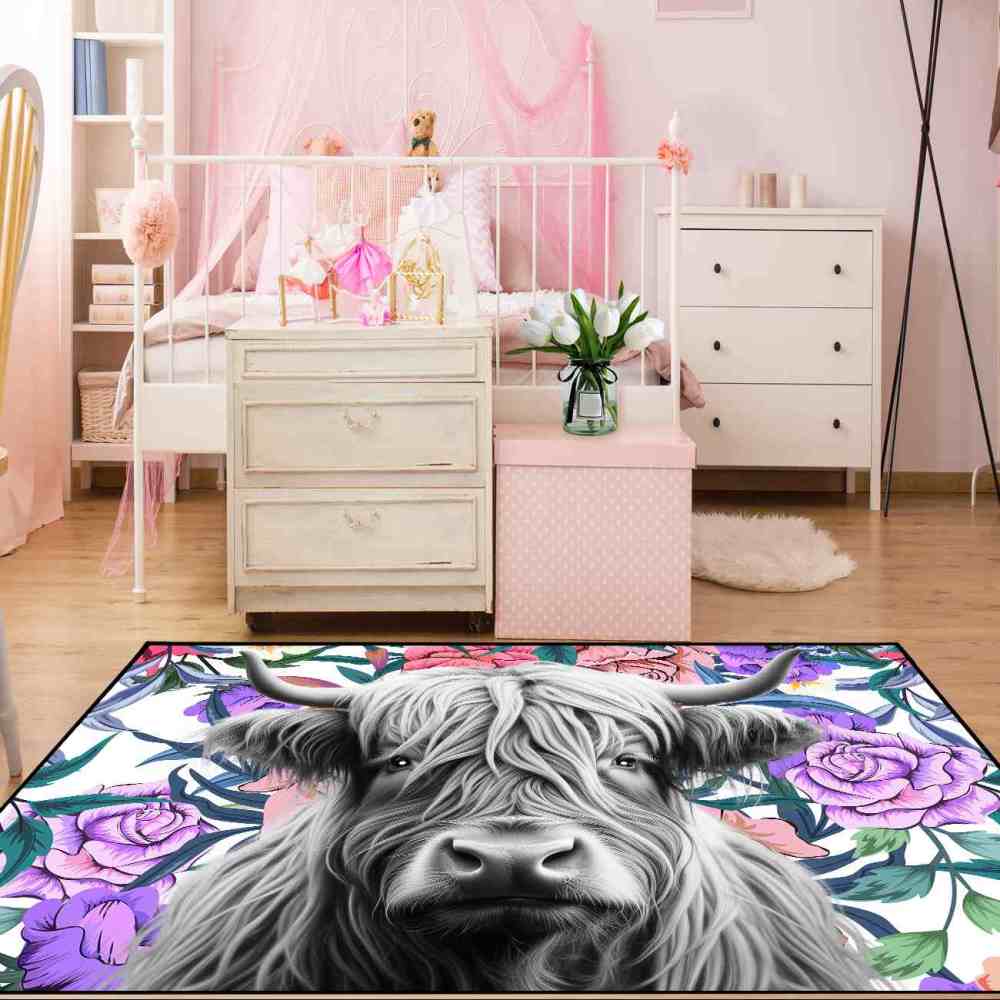 Purple Rose Highland Cow Nursery Area Rug for Girls Bedroom | CozyLil