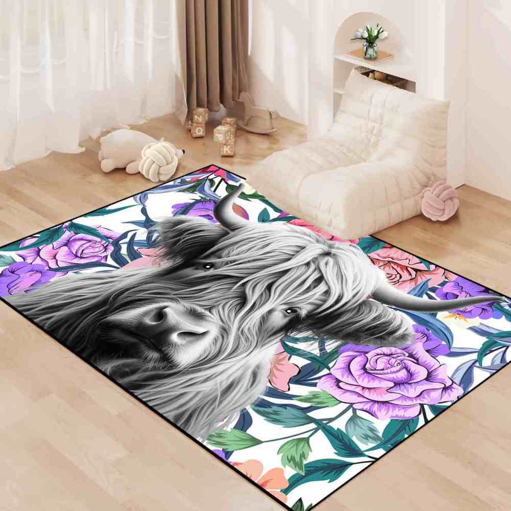 Purple Rose Highland Cow Nursery Area Rug for Girls Bedroom | CozyLil