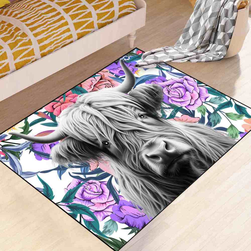 Purple Rose Highland Cow Nursery Area Rug for Girls Bedroom | CozyLil