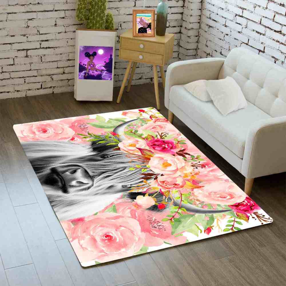 Pink Watercolor Floral Crown Highland Cow Girls Bedroom Rug | CozyLil